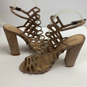 Schutz Women's Jaden Dress Strappy Gladiator Sandals Heels Tan Taupe Nubuck 7.5